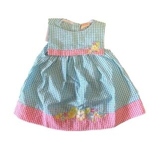NEW Vintage Toddler Seersucker Pink Blue Square Collar Plaid Cottagecore Dress